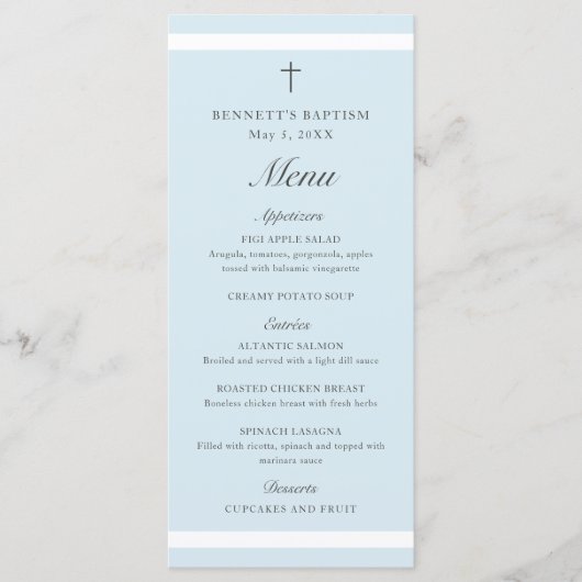 Moderne elegante Blue Boys Taufe Menükarte (Vorderseite)