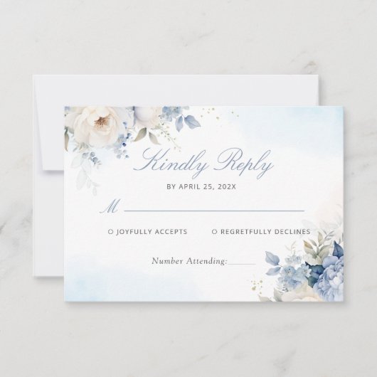 Moderne elegante Blue Floral Wedding RSVP Card (Vorderseite)