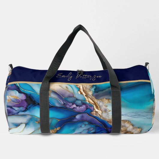 Moderne Elegante Blue Gold Marmor Personalisiert N Duffle Bag (Rückseite)