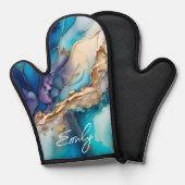Moderne Elegante Blue Gold Marmor Personalisiert N Ofenhandschuh (Vorderseite/Rückseite)