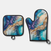 Moderne Elegante Blue Gold Marmor Personalisiert N Ofenhandschuh & Topflappen-Set (Vorderseite)