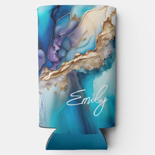 Moderne Elegante Blue Gold Marmor Personalisiert N Selters Dosenkühler (Rückseite)