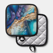 Moderne Elegante Blue Gold Marmor Personalisiert N Topflappen (Vorderseite/Rückseite)