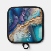 Moderne Elegante Blue Gold Marmor Personalisiert N Topflappen (Vorderseite)