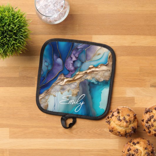 Moderne Elegante Blue Gold Marmor Personalisiert N Topflappen (Oben Unten)