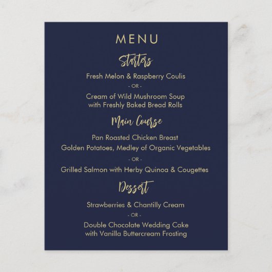 Moderne elegante Blue Gold Wedding Menu Card Flyer (Vorne)