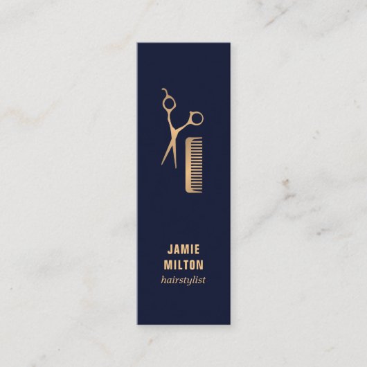 Moderne Elegante Blue Imitate Gold Schere Comb Mini Visitenkarte (Vorderseite)