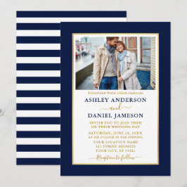 Moderne, elegante Blue Striping Gold Wedding Einladung