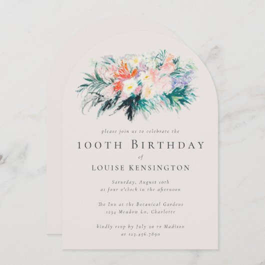Moderne elegante Blume Bouquet 100. Geburtstag Einladung (Vorne/Hinten)