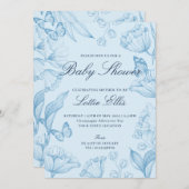 Moderne elegante Blumen Sky Blue Boy Baby Dusche Einladung (Vorne/Hinten)