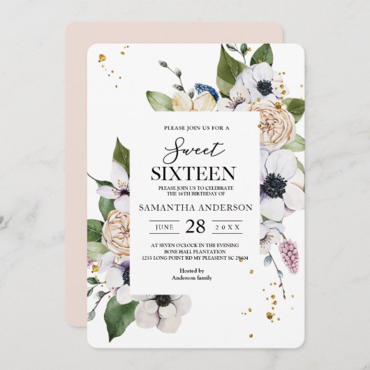 Moderne elegante Blumen- und Goldtropfen Einladung (Vorne/Hinten)