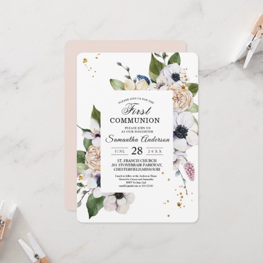 Moderne elegante Blumen- und Goldtropfen Einladung (Vorderseite/Rückseite Beispiel)