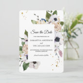 Moderne elegante Blumen- und Goldtropfen Save The Date (Stehend Vorderseite)