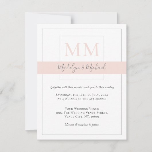 Moderne, elegante Blush Monogram Wedding Einladung (Vorderseite)
