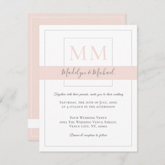 Moderne, elegante Blush Monogram Wedding Einladung (Vorne/Hinten)