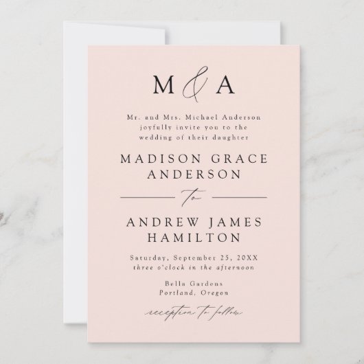 Moderne, elegante Blush Monogram Wedding Einladung (Vorderseite)