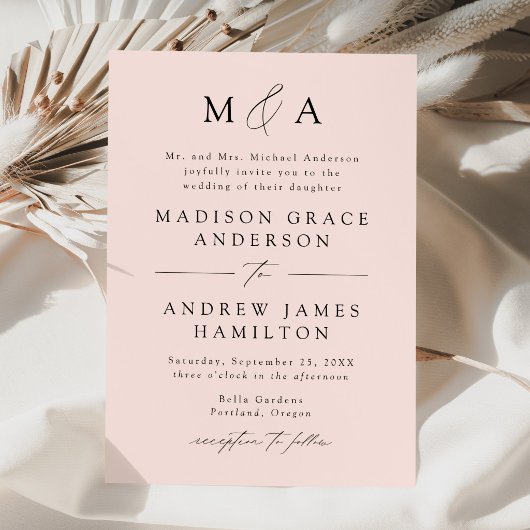 Moderne, elegante Blush Monogram Wedding Einladung