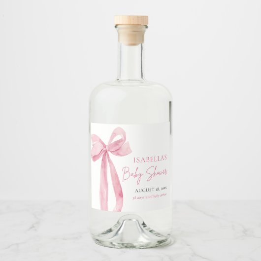Moderne elegante Blush Pink Bow Ribbon Babydusche Alkoholflaschenetikett (Vorderseite)