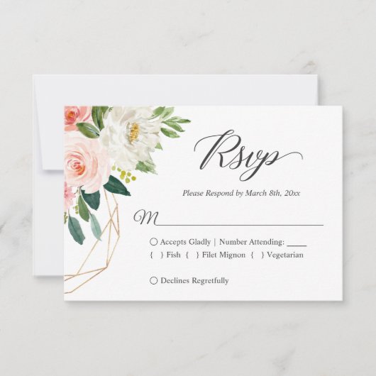 Moderne elegante Blush Pink Floral Wedding RSVP Ca (Vorderseite)