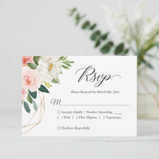 Moderne elegante Blush Pink Floral Wedding RSVP Ca (Stehend Vorderseite)