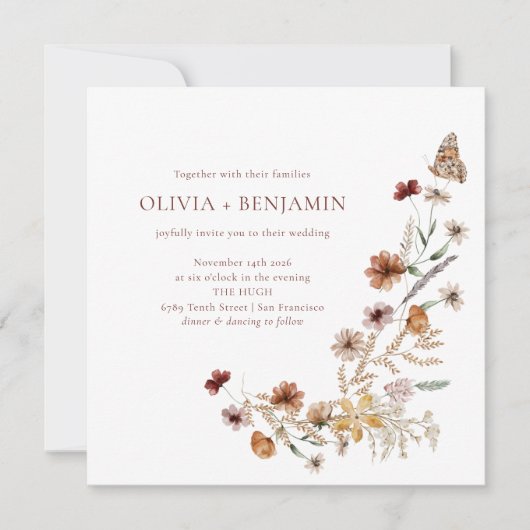 Moderne elegante Boho Natur-Wildblumen Hochzeiten Einladung (Vorderseite)