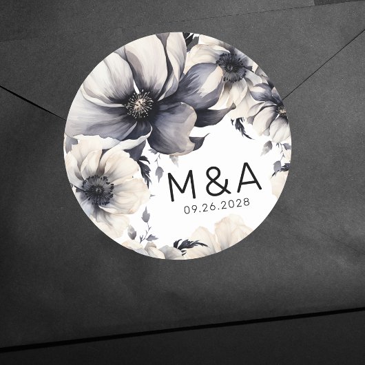 Moderne elegante Boho Schwarz-weiße Blumenhochzeit Runder Aufkleber