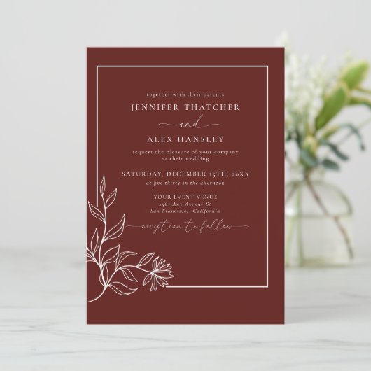 Moderne elegante botanische Blätter QR Code Weddin Einladung (Stehend Vorderseite)