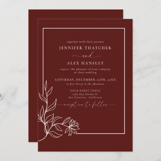 Moderne elegante botanische Blätter QR Code Weddin Einladung (Vorne/Hinten)