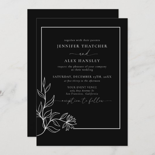 Moderne elegante botanische Blätter QR Code Weddin Einladung (Vorne/Hinten)