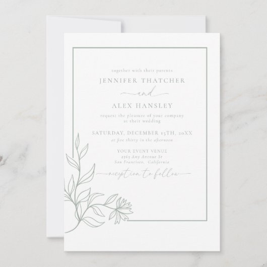 Moderne elegante botanische Blätter QR Code Weddin Einladung (Vorderseite)