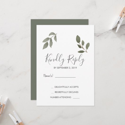 Moderne, elegante botanische Blätter Wedding RSVP Einladung (Vorderseite/Rückseite Beispiel)