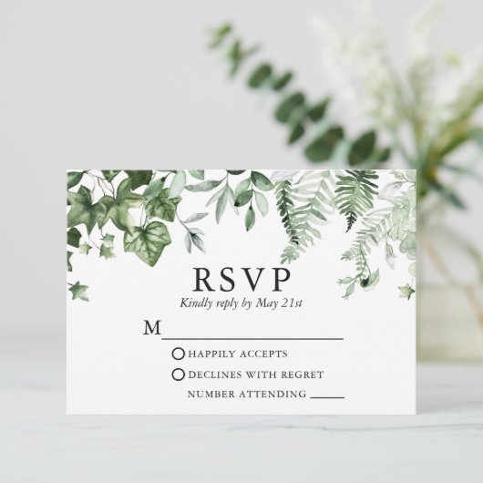 Moderne elegante Botanische Hochzeit im Grünen RSVP Karte (Stehend Vorderseite)