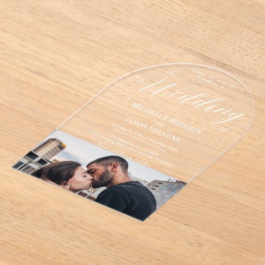 Moderne Elegante Bottom Foto Calligraphy Wedding Acryleinladungen (Ablage )