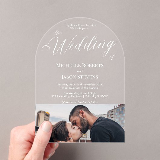 Moderne Elegante Bottom Foto Calligraphy Wedding Acryleinladungen (Insitu (Handheld))