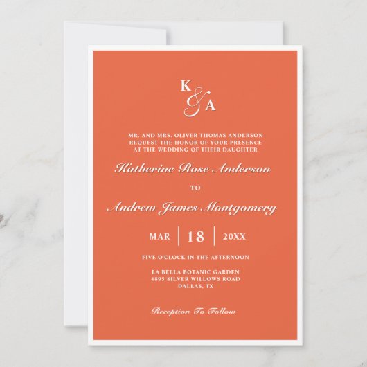 Moderne, elegante Bright Orange Monogram Wedding Einladung (Vorderseite)