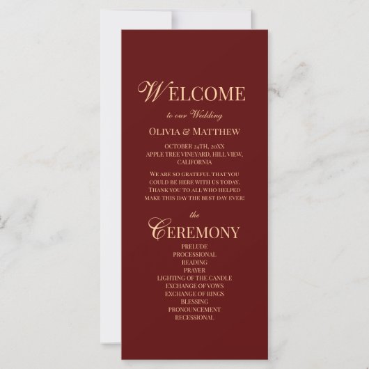 Moderne elegante burgunderrote Hochzeitsprogramme (Vorderseite)