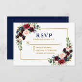 Moderne Elegante Burgundy Blue Floral Gold Wedding RSVP Karte (Vorne/Hinten)