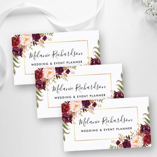 Moderne Elegante Burgundy Floral Gold Frame Visitenkarte