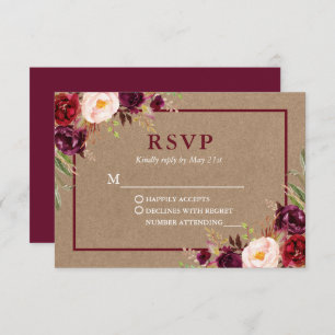 Moderne elegante Burgundy floral Kraft Wedding RSVP Karte