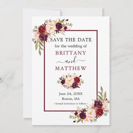 Moderne Elegante Burgundy Rahmen Save the Date flo (Vorderseite)