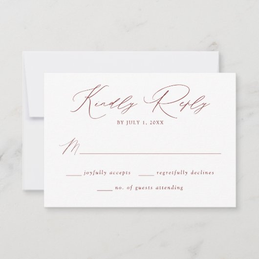 Moderne, elegante Burgundy Script Wedding RSVP Karte (Vorderseite)