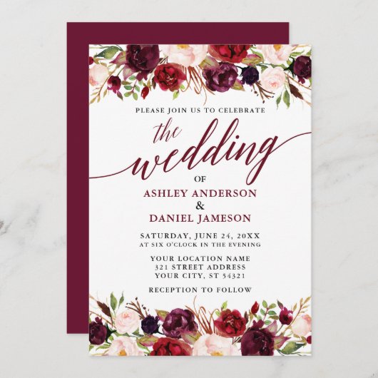 Moderne elegante Calligraphie floral Burgundy Wedd Einladung (Vorne/Hinten)