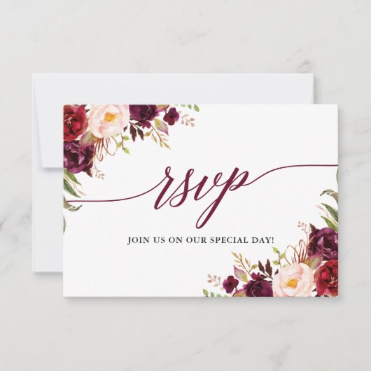 Moderne elegante Calligraphie floral Burgundy Wedd RSVP Karte (Vorderseite)