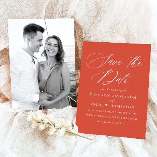 Moderne elegante Calligraphie Orange Foto Wedding Save The Date