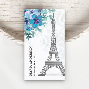 Moderne elegante chic blaue Blumen Paris Eiffeltur Visitenkarte