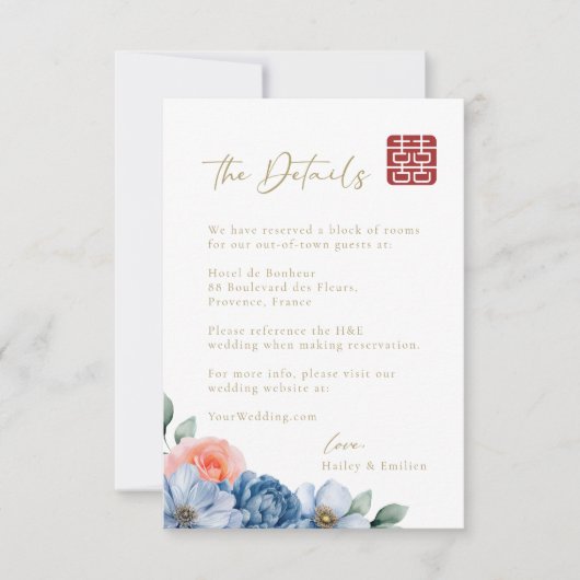 Moderne elegante chinesische Hochzeitsdetails Einladung (Vorderseite)