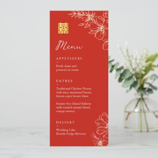 Moderne elegante chinesische Hochzeitsschrift mit Menükarte (Stehend Vorderseite)