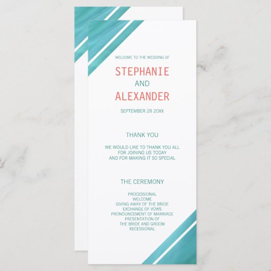Moderne, elegante Coral Aquamarin Wedding Programm (Vorne/Hinten)