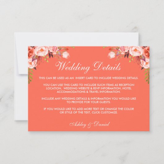 Moderne elegante Coral Floral Wedding Details Einladung (Vorderseite)