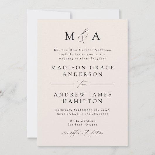 Moderne, elegante Cream Monogram-Hochzeit Einladung (Vorderseite)